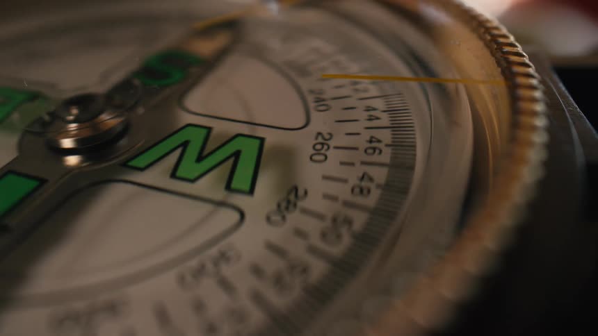 A detailed close-up shows a compass needle spinning around the dial before settling on a direction