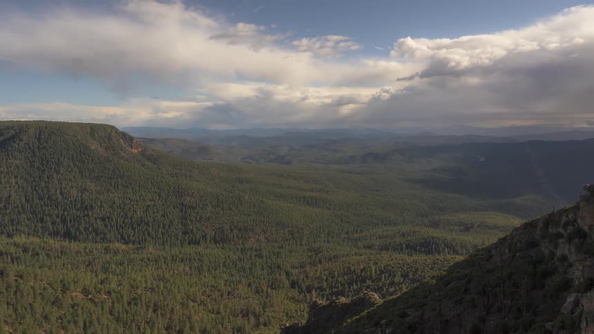 A majestic slow pan reveals a vast mountain valley covered in a dense pine forest under a dramatic, cloudy sky