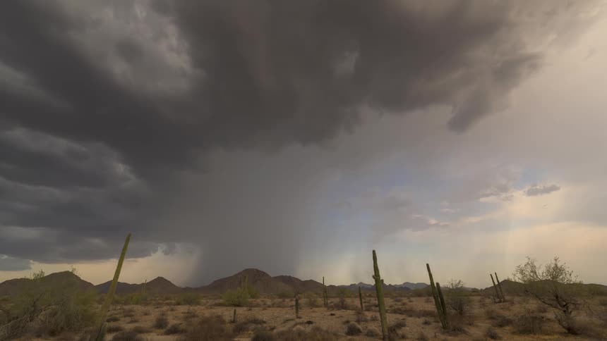A dramatic timelapse shows a severe thunderstorm unleashing a torrent of rain over a desert landscape with saguaro cacti and mountains