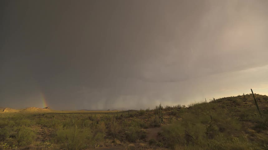 A timelapse captures a powerful thunderstorm moving across the Arizona desert, culminating in a beautiful rainbow over the cactus-filled landscape