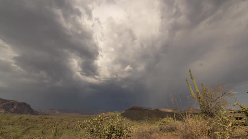 Ominous storm clouds gather and release rain over a vast desert mountain landscape with saguaro cacti