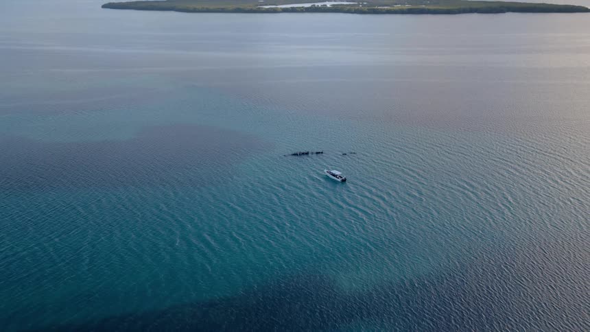 Aerial view of a boat floating over a shipwreck in clear turquoise waters, pulling back to reveal a distant tropical island