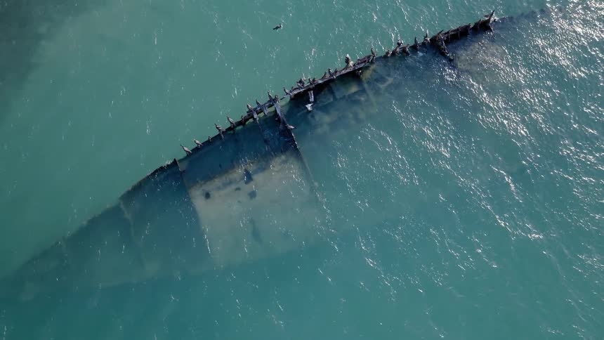 An aerial top-down view shows a flock of cormorants resting on the hull of a sunken shipwreck in the ocean