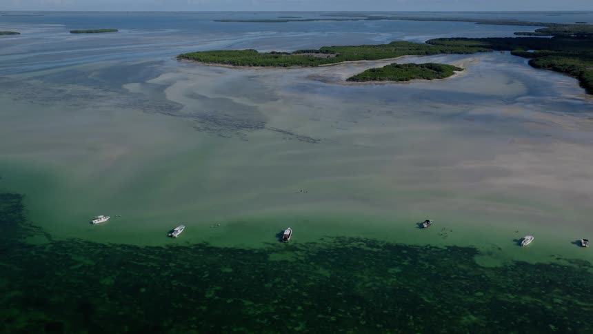 A serene aerial view rises over boats anchored along a shallow sandbar in the beautiful Florida Keys