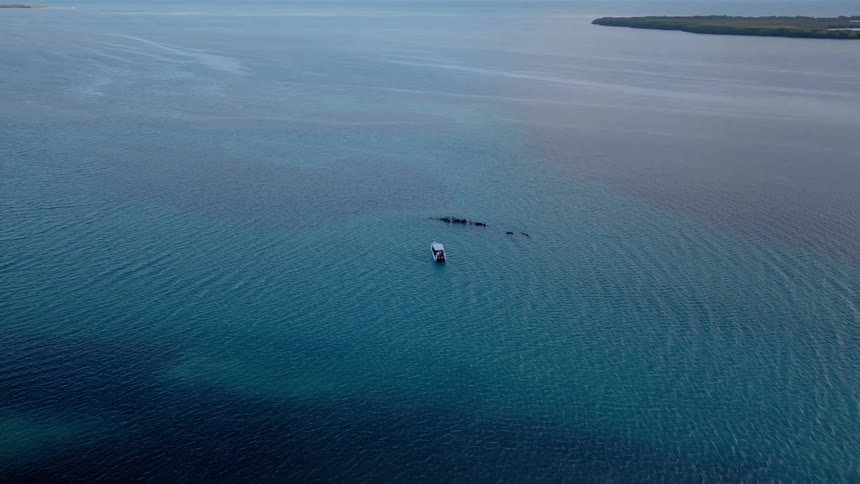An aerial push-in shot captures a lone boat floating above a shallow shipwreck in the calm, turquoise ocean waters