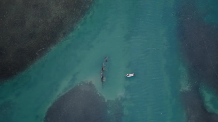 A slow ascending top-down aerial shot reveals a sunken shipwreck in clear tropical waters, with a small boat anchored beside it