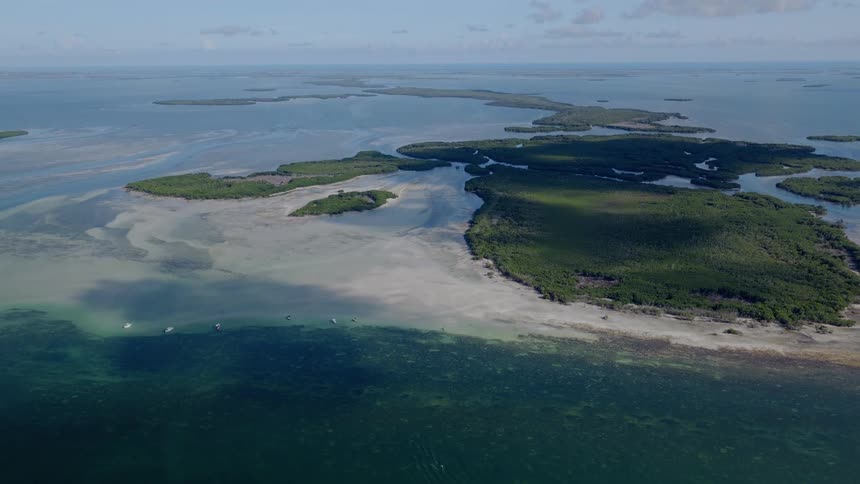 A stunning, stationary aerial view captures the beautiful tropical landscape of mangrove islands, clear shallow waters, and sandbars