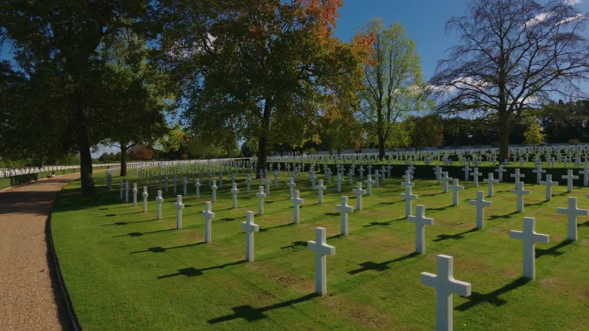 Rows of white crosses mark the graves at a sunlit military cemetery surrounded by autumn trees