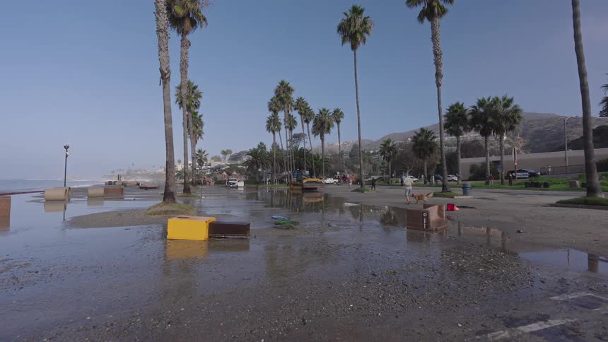 Floodwaters from a king tide or storm surge recede from a palm tree-lined beach parking lot in Malibu, California