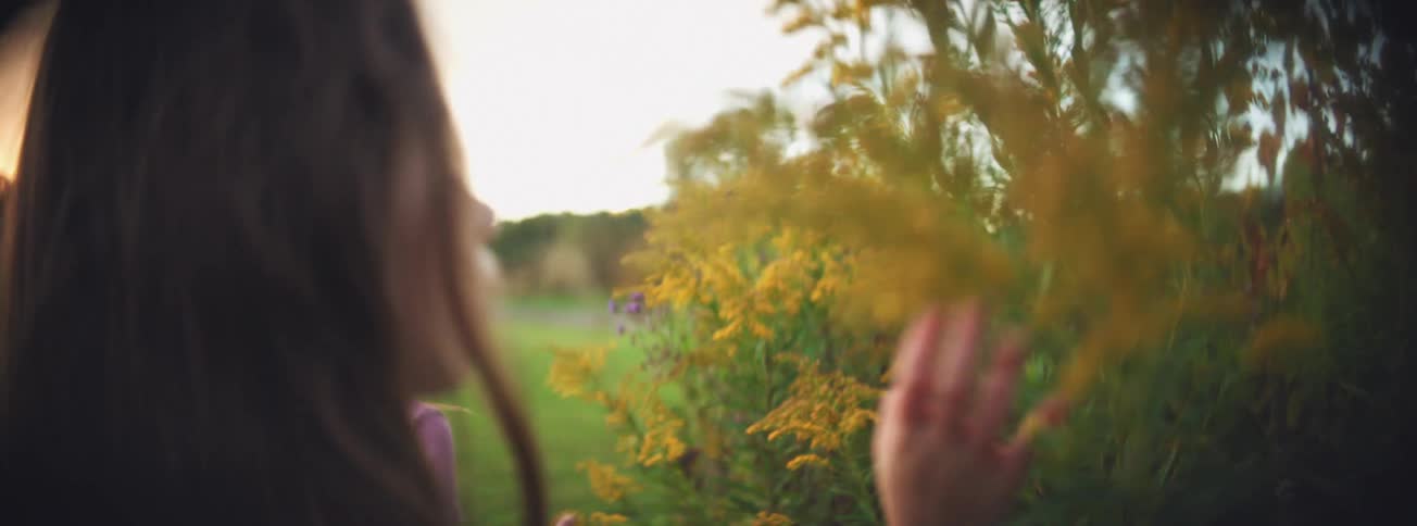 Two young sisters gently touch yellow wildflowers in a sunlit field during a beautiful golden hour sunset