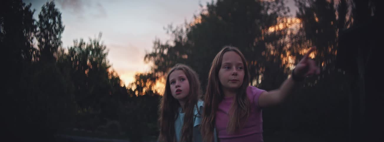 Two young sisters look up at the sky in amazement during a warm sunset, one pointing in wonder