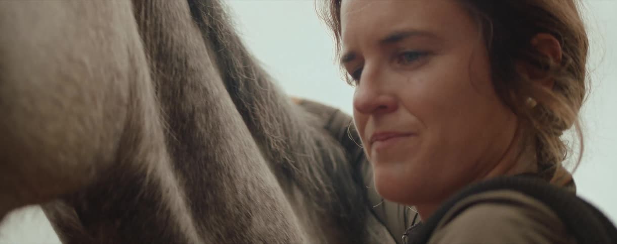 An intimate slow-motion close-up captures a woman affectionately petting her grey horse on a farm