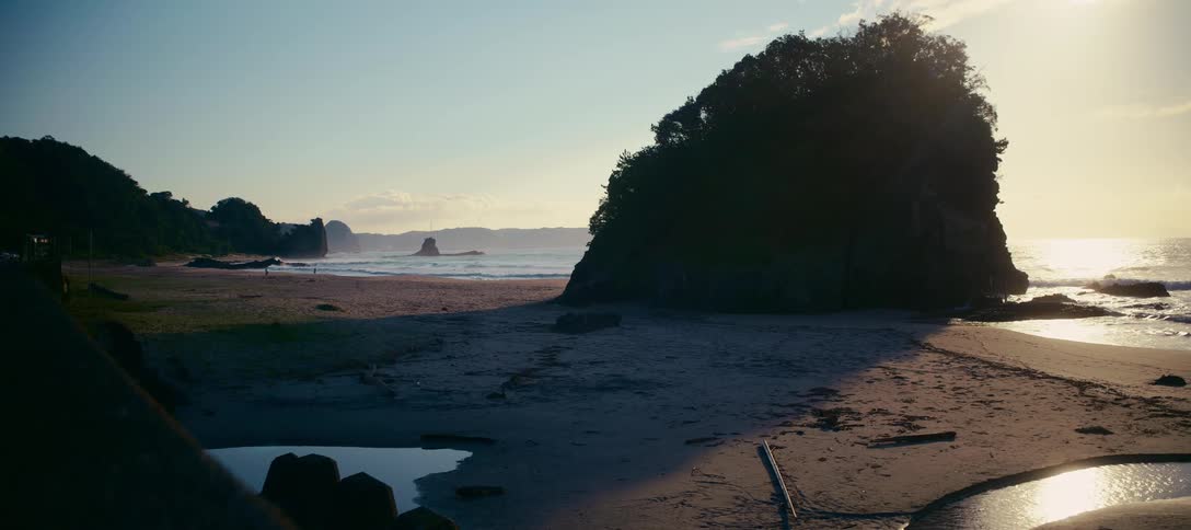 A peaceful coastal scene shows a large, tree-covered rock formation on a sandy beach as gentle waves roll in during a golden sunrise