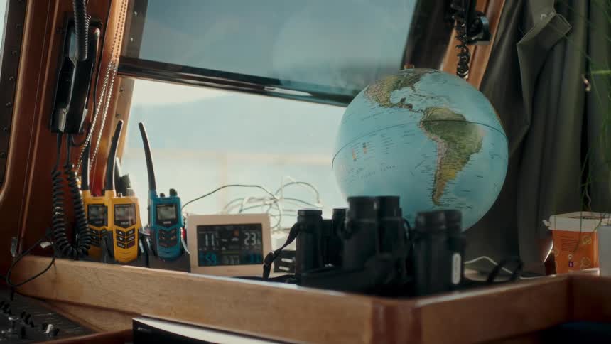 Inside a ship's wheelhouse, a world globe and binoculars sit on the dashboard next to radios, symbolizing travel and exploration
