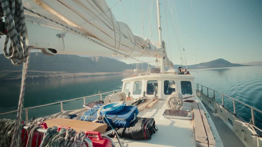 A view from the deck of a sailboat as it cruises through calm waters in a mountain fjord on a sunny day