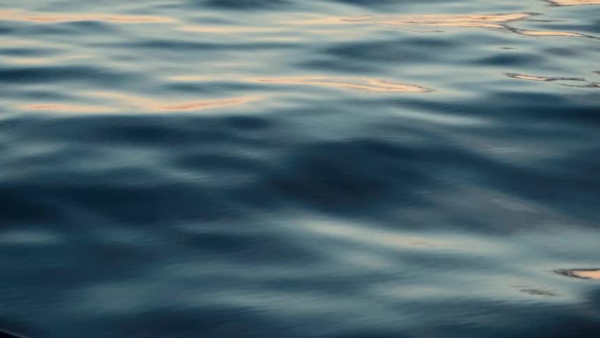 A peaceful close-up of dark blue water gently rippling with subtle reflections from the sunset