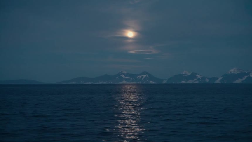 Moonlight shimmers on the ocean surface against a backdrop of distant, snow-covered mountains at night