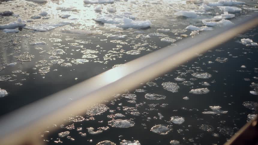 A serene view from a boat's railing captures the sunlight reflecting off the calm, icy polar waters