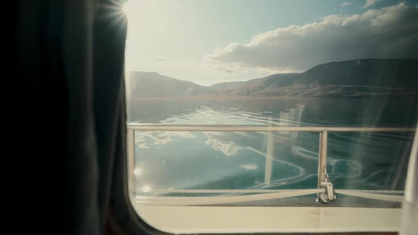 A serene view from a boat window reveals a calm fjord and mountains basking in the sunlight