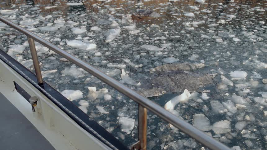A static shot from the side of a boat shows chunks of ice floating in the cold water of a harbor