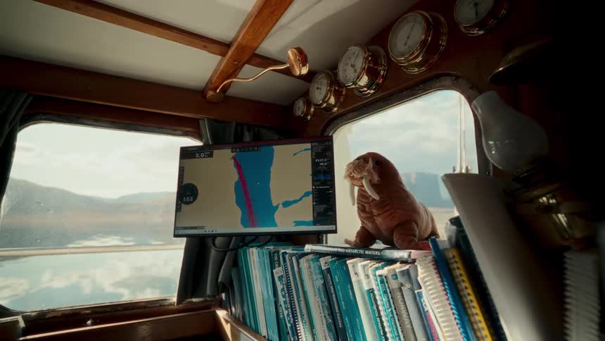 A stuffed walrus mascot sits by the window in a boat's cozy cabin, with a GPS navigation screen displaying the route through calm arctic waters