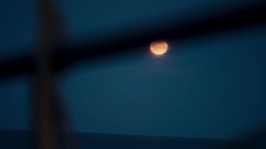 A serene view of the full moon shining over the dark ocean at night, seen from a moving boat