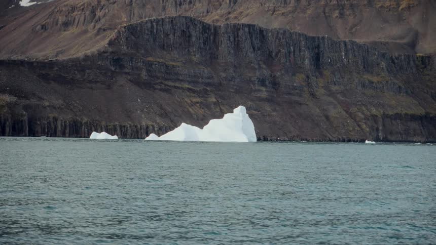 A large white iceberg floats in the cold arctic sea against a backdrop of a dramatic, dark, rocky shoreline