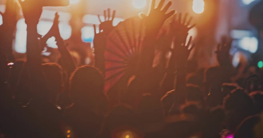 A silhouetted crowd dances with hands in the air, immersed in the hazy, warm lights of a vibrant music festival