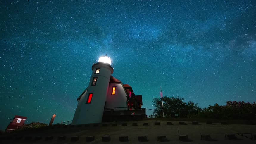 A stunning timelapse from a low angle shows the Milky Way and shooting stars moving across the night sky above a brightly lit lighthouse