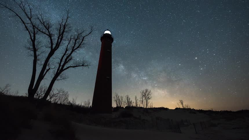 A beautiful day-to-night time-lapse of the Milky Way galaxy rising behind a coastal lighthouse on a sand dune