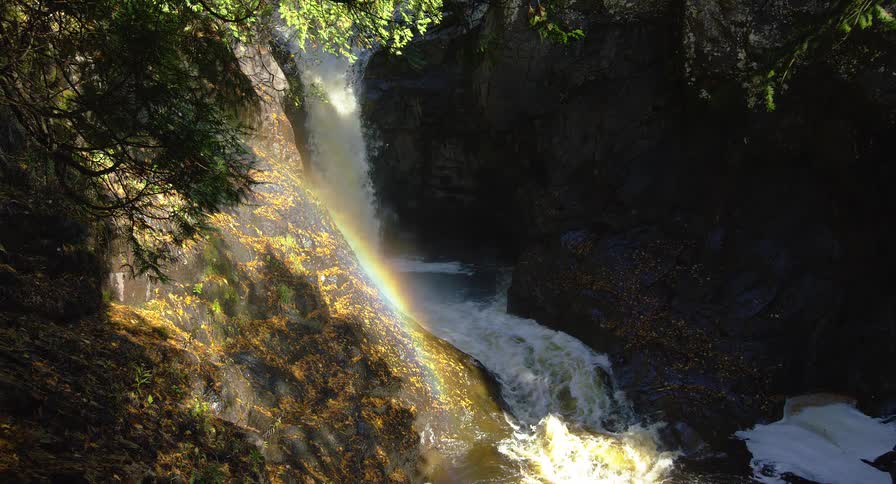 A vibrant rainbow appears in the mist of a powerful waterfall as it crashes down a sunlit, rocky gorge in a dense forest