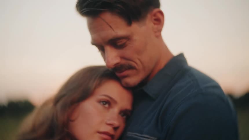A tender close-up of a young woman resting her head on her partner's chest during a quiet, intimate embrace at golden hour