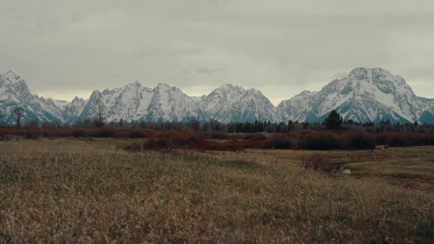 A wide static shot captures the majestic, snow-capped Grand Teton mountain range towering over a golden grassy field on a cloudy day