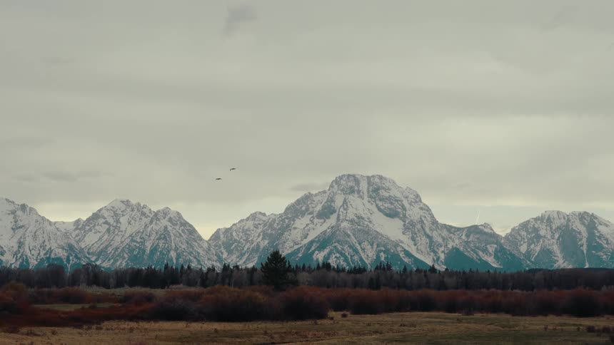 Two birds soar in slow motion across a cloudy sky above the snow-capped Grand Teton mountain range