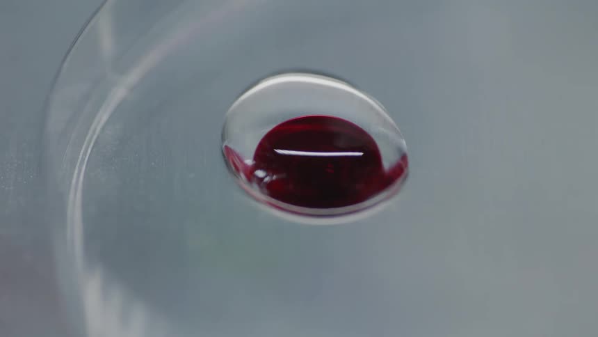 A macro shot shows a drop of red liquid, resembling blood, being added to a clear liquid in a petri dish