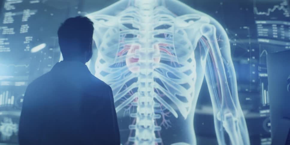 A scientist views a futuristic rotating hologram of the human skeletal and circulatory systems on a large digital screen