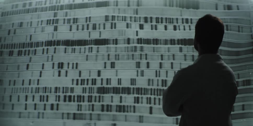 A male scientist in a lab coat studies a large, complex DNA sequencing autoradiogram projected on a wall