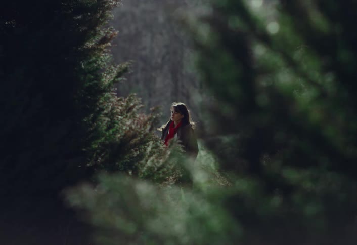 Framed by blurred evergreen branches, a woman in a red scarf stands and contemplates quietly in the serene forest light