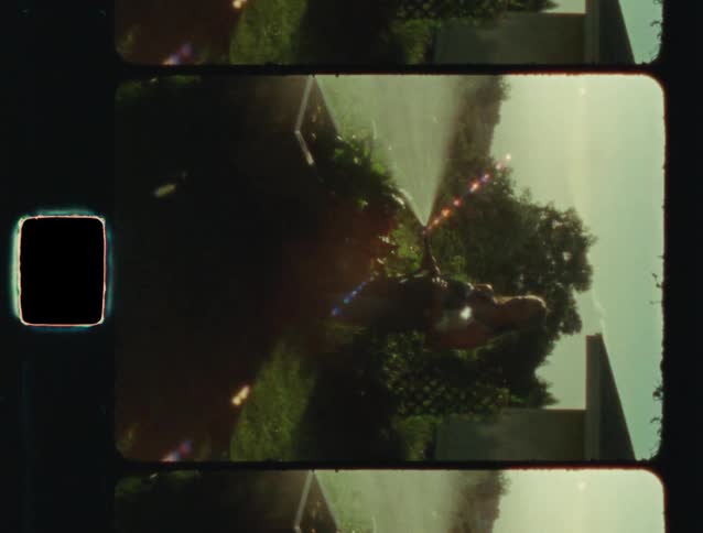 A nostalgic vertical 8mm film captures a young woman watering plants in a sun-drenched backyard on a summer day