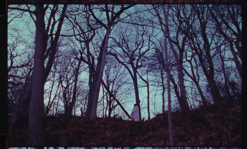 A mysterious figure in a white robe and dark mask raises a sword on a hill in a spooky, vintage-style forest scene