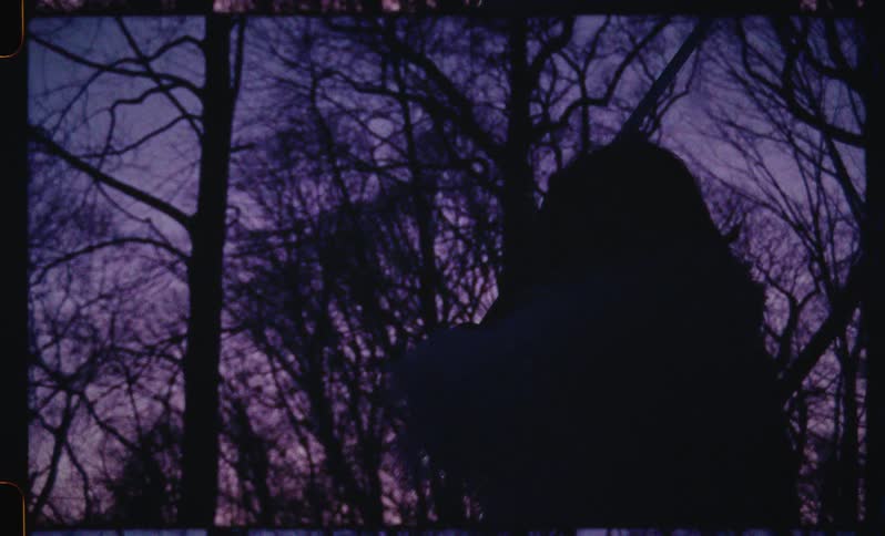 A mysterious hooded figure practices with a sword in silhouette against a spooky purple twilight sky in the woods