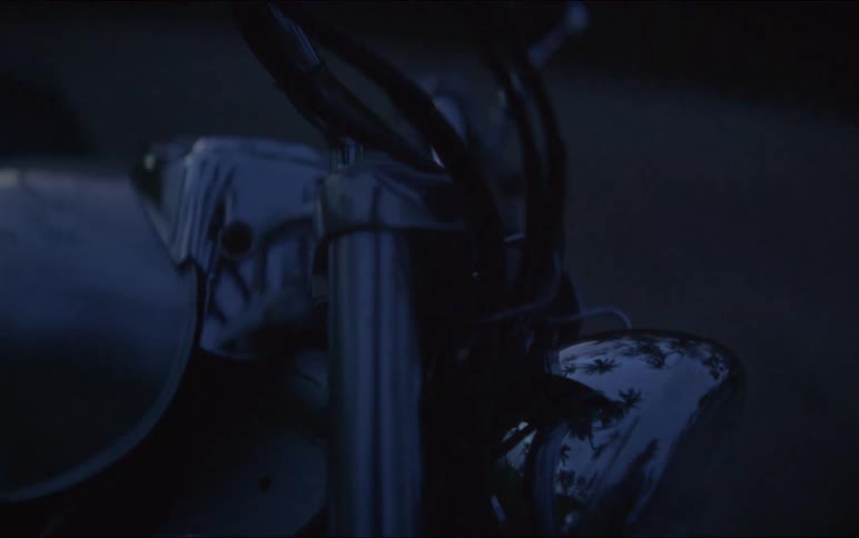 A slow, moody pan up on the chrome details of a parked motorcycle at dusk, with palm trees reflecting in the headlight