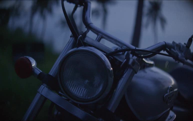 Moody close-up shot of a classic motorcycle's headlight and handlebars at twilight with palm trees in the background