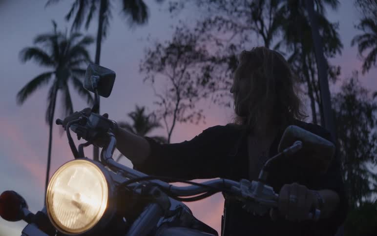 A cool, long-haired man sits on his parked motorcycle with the headlight on, against a backdrop of tropical palm trees and a colorful twilight sky
