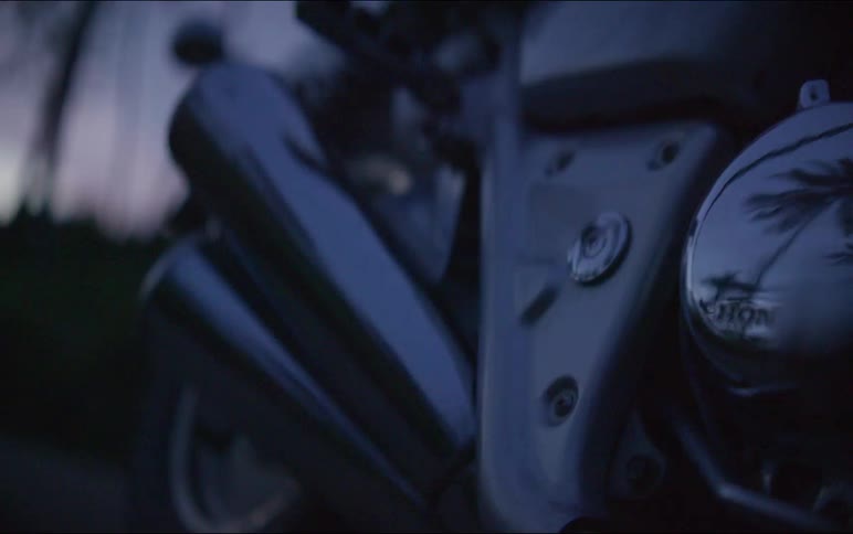 A cinematic close-up of a parked Honda motorcycle's shiny chrome engine and exhaust pipes reflecting palm trees at twilight