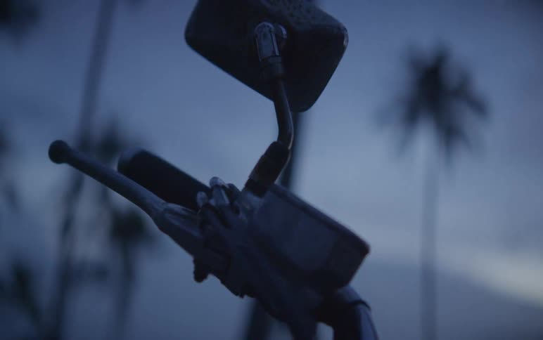 An atmospheric close-up of a motorcycle handlebar and side mirror at twilight with silhouetted palm trees in the background