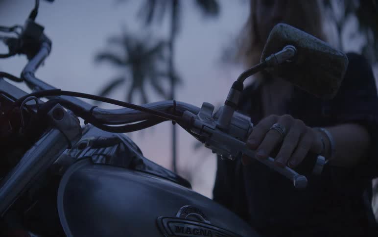 A close-up shot of a biker dismounting their motorcycle at dusk, with palm trees silhouetted against the twilight sky