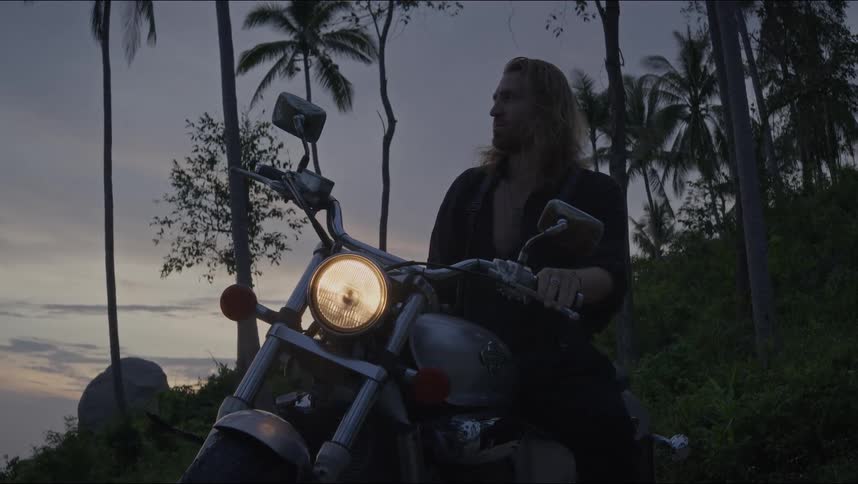 A long-haired biker gets off his motorcycle at dusk, silhouetted by palm trees against the twilight sky