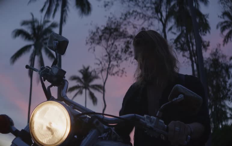 A long-haired biker dismounts his motorcycle against a vibrant tropical sunset sky filled with silhouetted palm trees