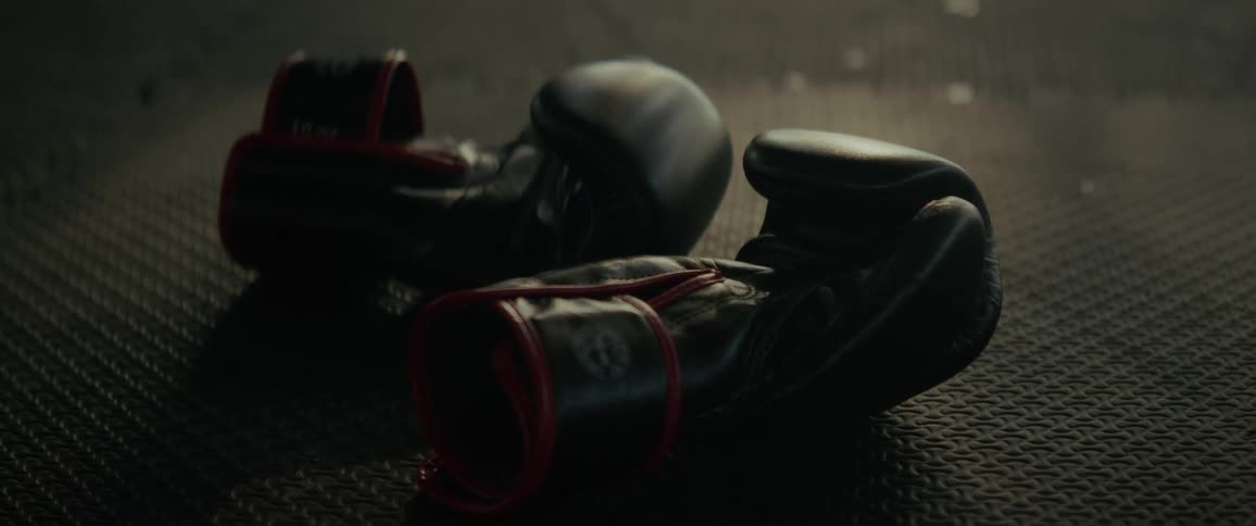 A moody, close-up shot of black and red boxing gloves resting on a dark, textured gym mat with a slow focus pull